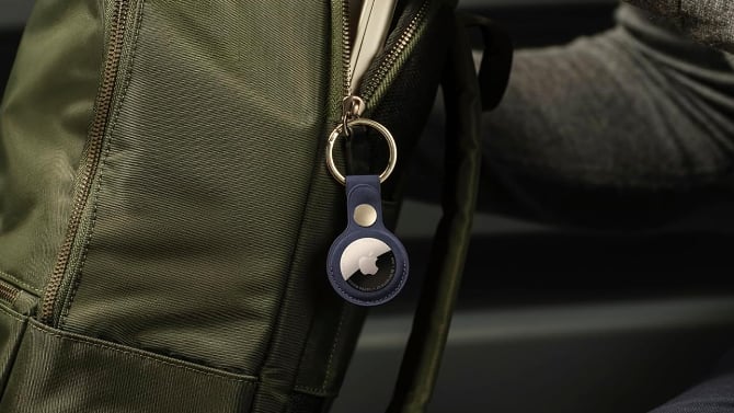 photo of Apple AirTag 2 clipped to a backpack