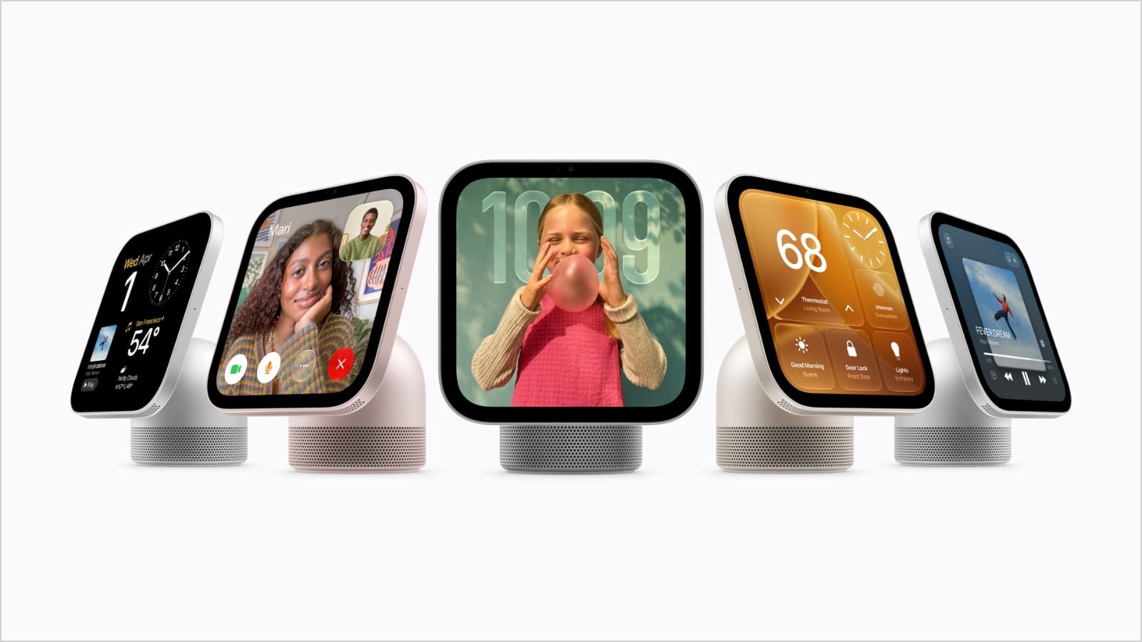 Five Apple HomeView devices in a row on a white background