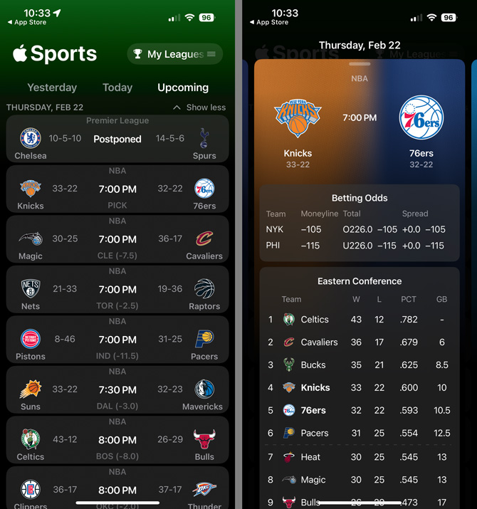 Two screenshots of Apple Sports app. On the left you see upcoming games and on the right you see information about a specific game and league stats. 