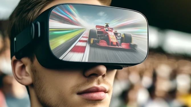 Concept drawing of person watching car racing with AR headset