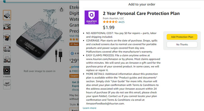 Pop-up offering insurance from Asurion that appears when you buy a scale on Amazon.