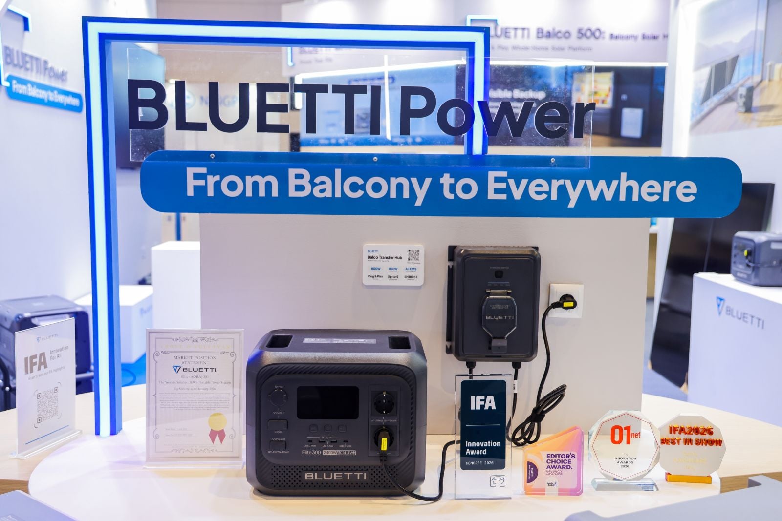 BLUETTI Balco Transfer Hub mounted on booth wall and connected to a portable power station