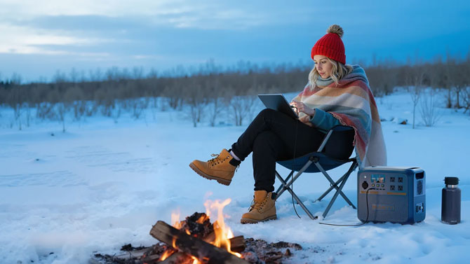 Woman uses a Bluetti Pioneer Na power station to power her laptop.