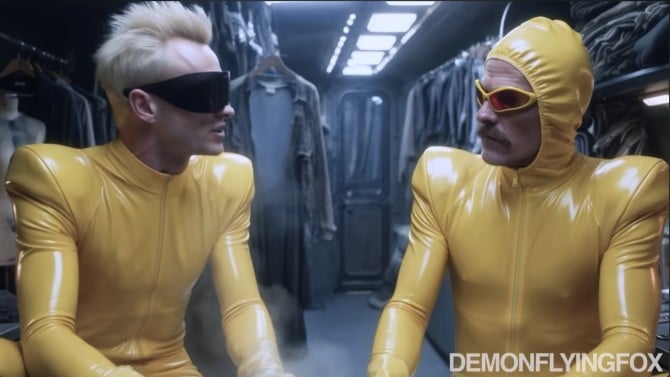 screen shot from the video showing Jessie and Walt in wide-shouldered yellow latex suits with high fashion garments behind them