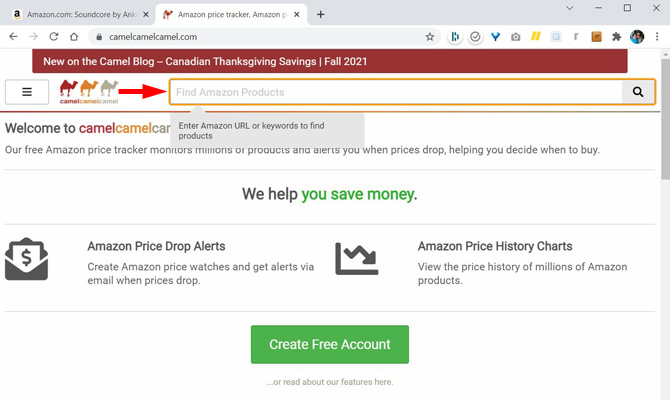 CamelCamelCamel website homepage with a red arrow pointing to a box with the text: Find Amazon Products.