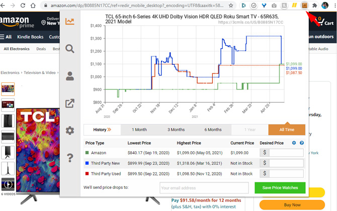 Screenshot of Amazon listing for TCL 65R635 with one-year price history graph pop up from CamelCamelCamel. The CamelCamelCamel plug in is pointed out.