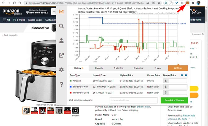  Amazon page for the Instant Vortex Plus air fryer. Image of the air fryer on the left. To the right is a graph showing the Amazon price, the third-party seller price and the third-party seller price for the product used. Below the graph are the highest and lowest prices for Amazon, third party seller and third party seller used. To the right in the last column are boxes to put in the price for the Price Watch feature. Below that is a box to input your email and a button entitled Send Price Watchlist. 