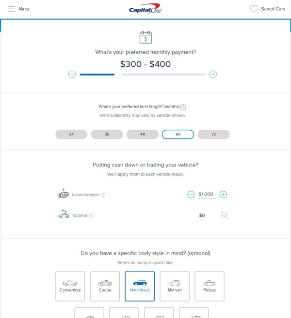 Capital One Auto Navigator search by monthly payment