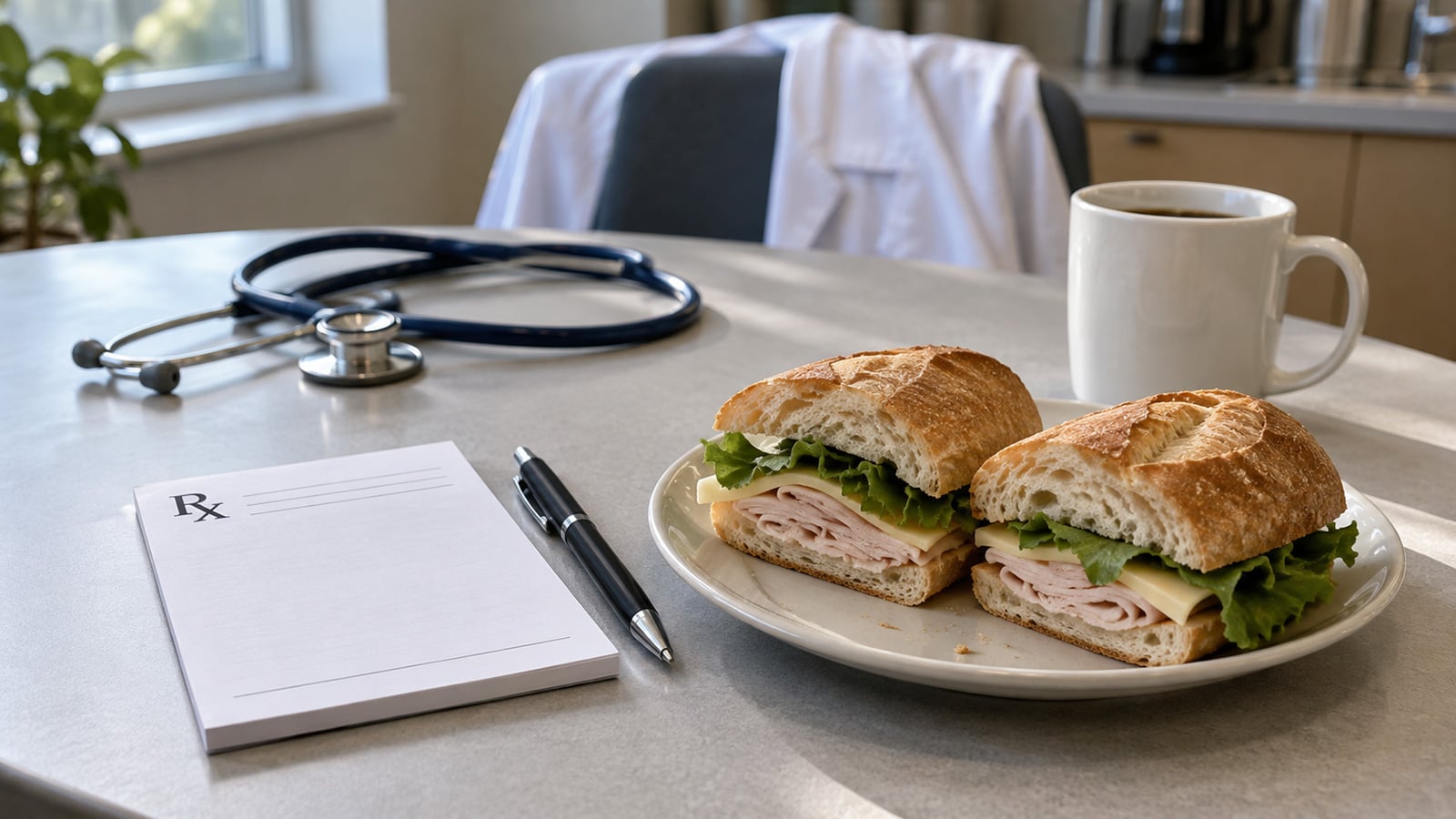 Concept image of a catered sandwich next to a prescription pad and stethoscope