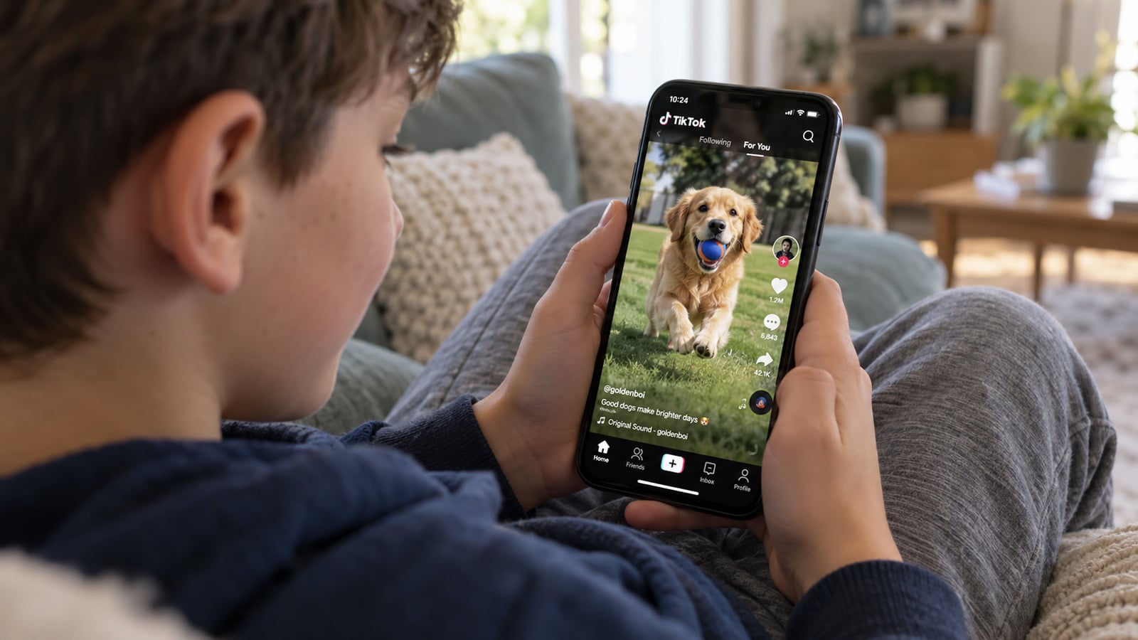 Child sitting on a sofa watching a TikTok video of a golden retriever on a smartphone.