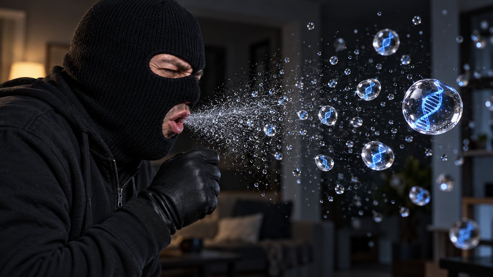 Concept image of a masked burglar coughing a spray of droplets, with glowing blue DNA double helices visible inside several enlarged droplets.