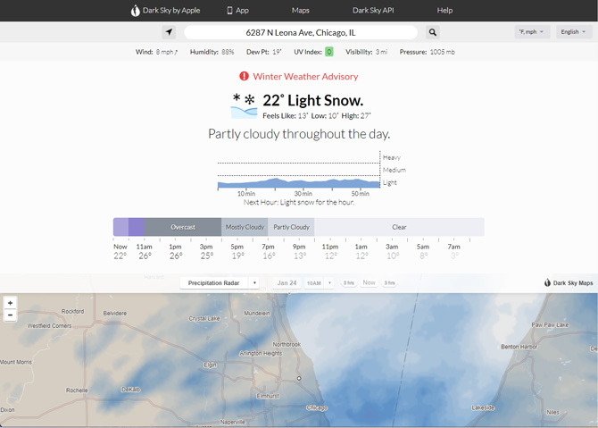 Dark Sky has a clean look with the weather advisory in a prominent red color with the temperature, precipitation,