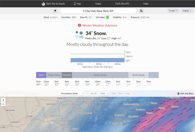 Dark Sky home screen with the location at the top, the next line has wind, humidity, dew point, UV index, visibility, and pressure. The next line shows a Winter Weather advisory in red. The next line shows the temperature with a graphic of snow, the word snow and the feels like temperature, low temperature and high temperature. The next line has the general daily forecast. The next line has a graphic showing light snow for the next 50 minutes.The next line is a graphic show the forecast by hour using colors to show snow, clouds, overcast. At the bottom is a precipitation map with wind speed.