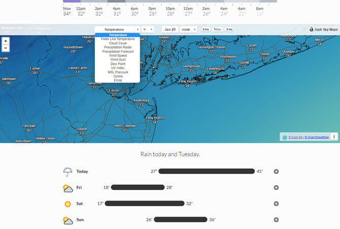 Dark Sky website screenshot showing a temperature map and a pull down menu with the options 