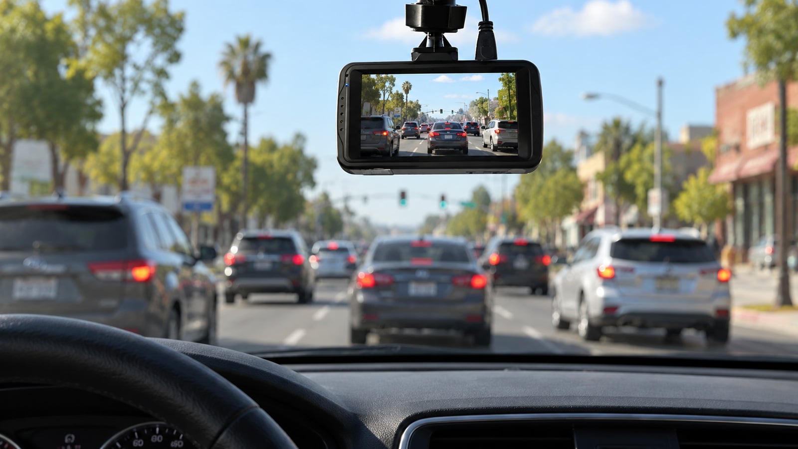 An installed dash cam in a car