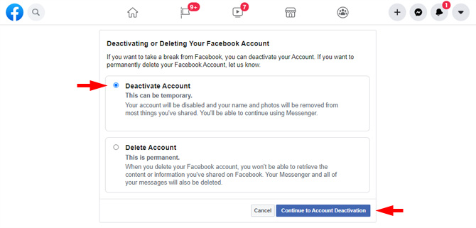 Скриншот Facebook на странице «Деактивация или удаление вашей учетной записи Facebook», показывающий варианты «Деактивировать учетную запись» или «Удалить учетную запись» с выбранным переключателем «Деактивировать учетную запись».
