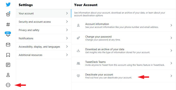 Screenshot of the Twitter account settings showing icons on the left with the lowest one, with triple dots, pointed out for the menu. To the right is a column labeled Settings with You account, Security and account access, Privacy and safety, Notifications, accessibility, display, and languages, and Additional resources. In the third column, labeled Your Account, there is Account information, Change your password, Download an archive of your data, TweetDeck Teams and Deactivate your account (pointed out).
