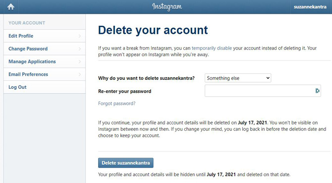 Instagram Delete your account page showing reason for account deletion, box for reentering your password and the delete button.