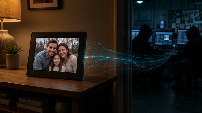Concept illustration showing a digital picture frame routing traffic for scammers.
