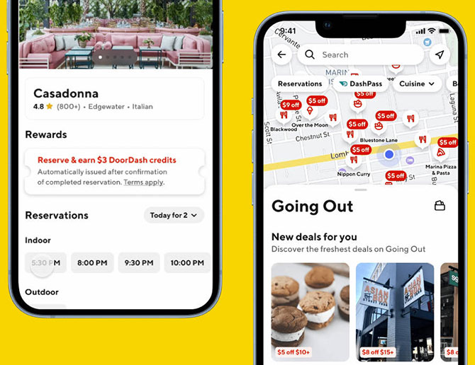 Screenshot of the reservation features of the DoorDash app on the left and the in-store rewards on the right. 