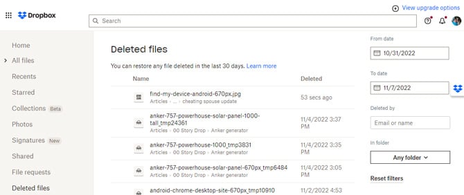 Screenshot of Dropbox app showing the Deleted Files tab, a list of deleted files and when they were deleted and the option to search for a deleted file by date, by folder, and by the person that deleted the file. 