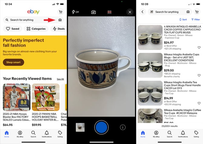 Ebay app screenshots: From the left, the first screenshot shows the home page of the eBay app. In the search bar, the camera icon is pointed out. The second screenshot show the camera interface with a cup with a floral pattern and a big blue shutter button. In the third screenshot, you see a list of items for sale that match the cup visually. 
