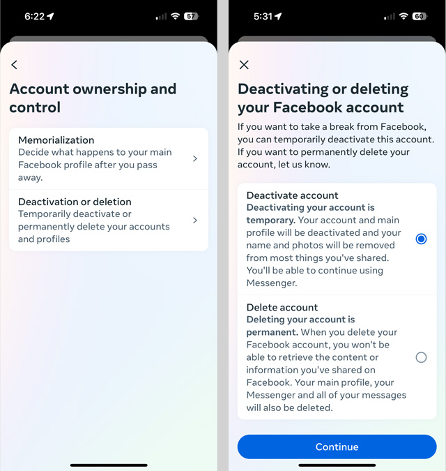 Facebook Account ownership and control screenshot on the left showing the option: Deactivation or deletion. On the right is the Deactivating or deleting your Facebook account screen with the Deactivate account option selected. 