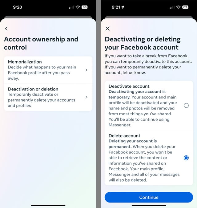 Facebook Account ownership and control screenshot on the left showing the option: Deactivation or deletion. On the right is the Deactivating or deleting your Facebook account screen with the Delete account option selected. 