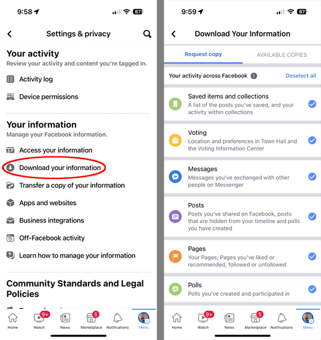 Facebook Settings & Privacy page with Download your information circled in the screenshot on the left. On the right you see a list of information you can download including: saved items and collections, voting, messages, posts, pages, and polls.