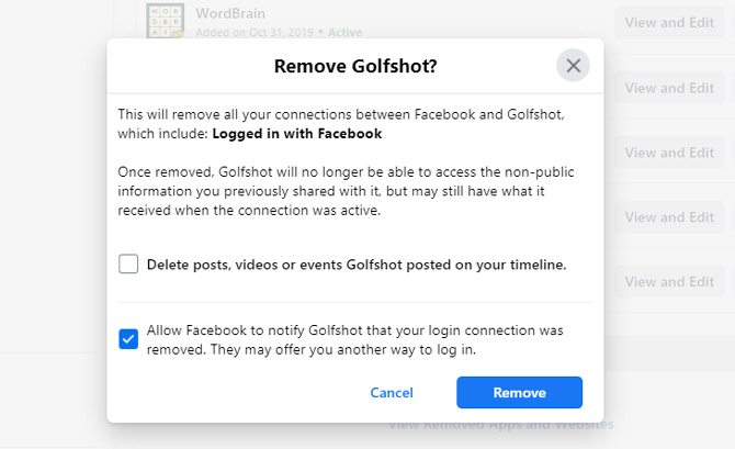 Screenshot of removing app from Facebook. Shows removing Golfshot game with the options to 