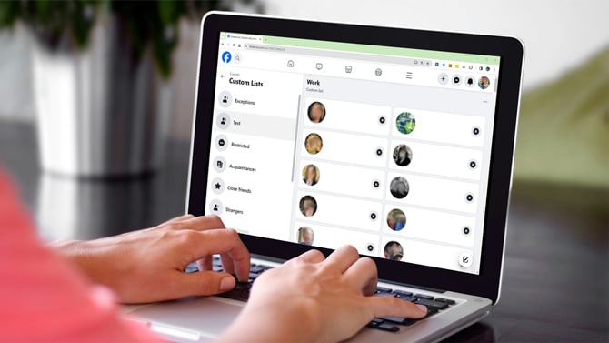 Screenshot of Facebook Custom Lists on a laptop