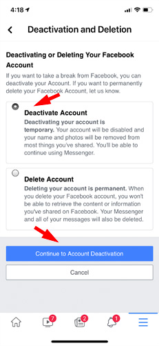 Скриншот настроек деактивации и удаления Facebook, показывающий деактивацию учетной записи и продолжение деактивации учетной записи