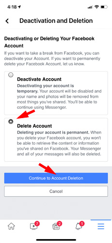 Facebook Deactivation and Deletion settings screenshot pointing out Delete Account and Continue to Account Deletion 