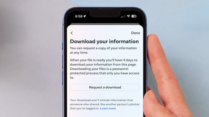 Facebook screenshot the Download your information page with the option to request a download