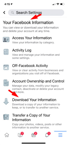 Facebook Settings screenshot with Your Facebook Information pointed out and Download Your Information pointed out 