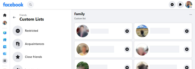 Screenshot of Facebook's Friends Custom Lists page showing Restricted, Acquaintances and Close Friends as lists. On the right is a Family custom list with images of people below. 
