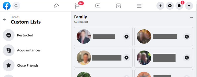 Screenshot of Facebook's Friends Custom Lists page showing Restricted, Acquaintances and Close Friends as lists. On the right is a Family custom list with images of people below. 