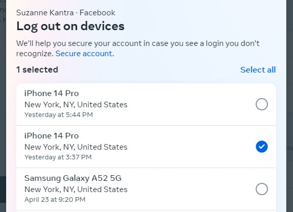 Facebook where you're logged in screen showing a device selected for logout.