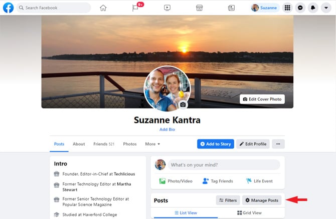 Screenshot of Facebook profile page. On the right side, you see from the top: Edit cover Photo, Edit Profile, Life Event and then Manage Posts, which is pointed out.