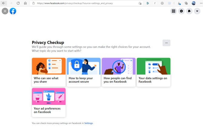 Screenshot of Facebook Privacy Checkup main page with tiles for Who can see what you share, How to keep your account secure, How people can find you on Facebook, Your data settings on Facebook, Your ad preferences