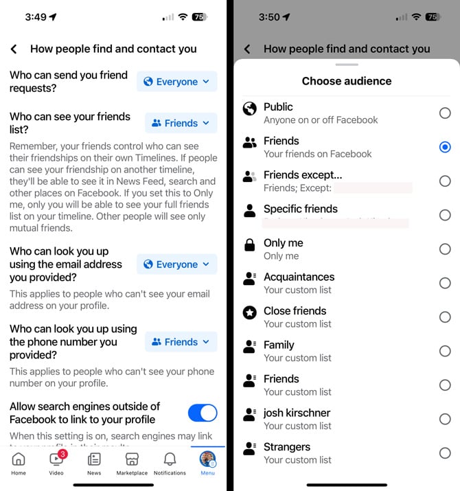 Two screenshots of the Facebook app On the Left you see the How people find and contact you page and on the right you see the Choose audience pop-up window.
