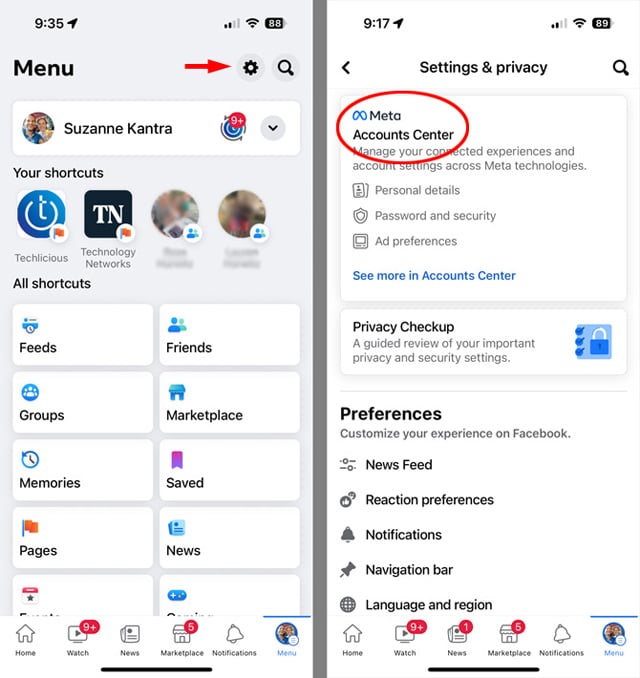 Facebook app menu screenshots with Menu page on the left with the Settings cog icon pointed out. On the right, you see the Settings & privacy screen with Meta Accounts Center circled.