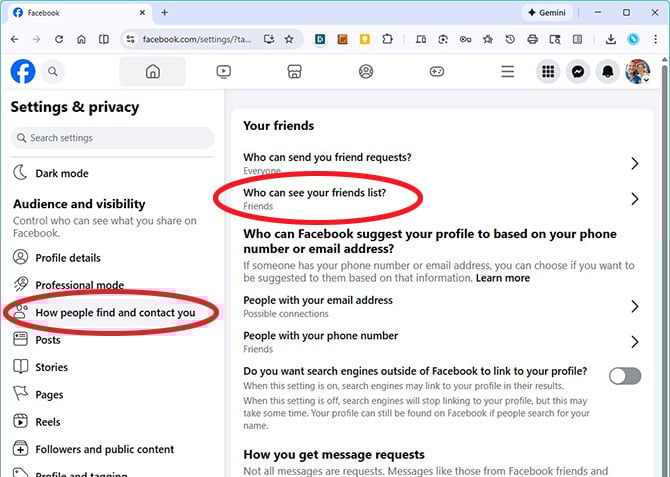 Screenshot of Facebook How people find and contact you page with How people find and contract you, who can see your friends list?, the current settings button, and the profile picture highlighted.