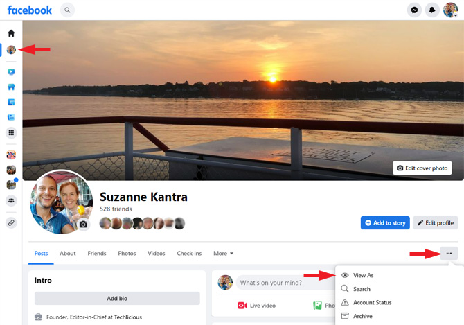 Screenshot of Facebook profile page. You see in the left menu bar the person's profile picture pointed out. Below on the right you see three dots pointed out with a drop-down menu with View as (pointed out), Search, Account Status, and Archive. 