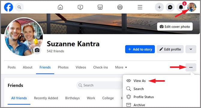 Screenshot of Facebook profile page. You see the person's profile picture pointed out. You also see three dots pointed out with a drop-down menu with View as (pointed out). 