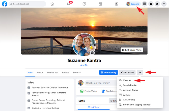 Screenshot of Facebook profile page. You see in the top menu bar the person's name pointed out. Below on the right you see three dots pointed out with a drop-down menu with View as (pointed out), Search Profile, Account Status, Archive, Activity Log and Profile and Tagging Settings. 