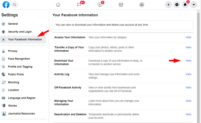 Facebook Settings page screenshot showing the Your Facebook Information option and pointing out Download Your Information