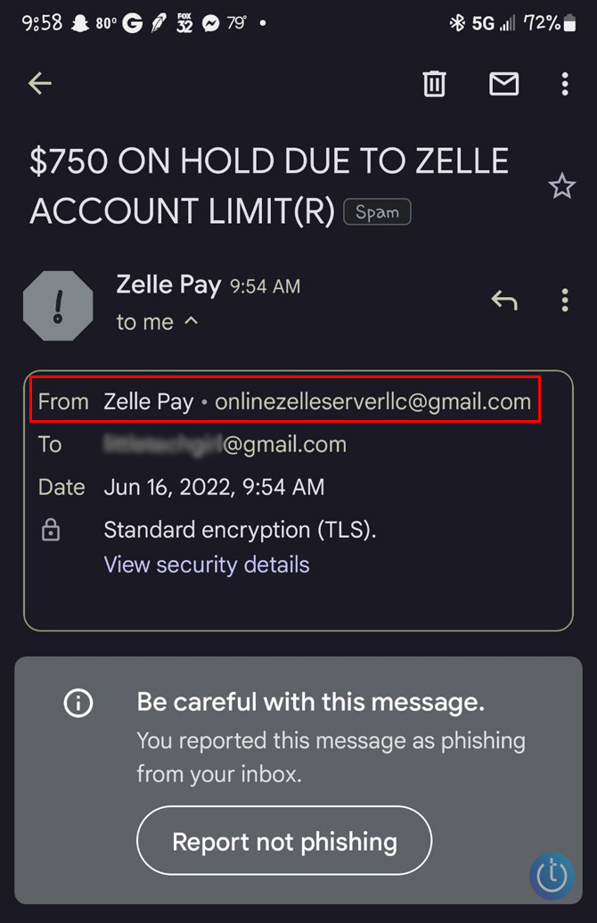 Screenshot of email to Kris McDonald with the subject line: $750 ON HOLD DUE TO ZELLE ACCOUNT LIMIT. The sender shows as Zelle Pay, but there is a stop sign with an exclamation mark to indicate possible phishing. Below the sender shows: From: Zelle Pay onlinezelleserverllc@gmail.com. There is a warning in the email field: Be careful with this message. You reported this message as phishing from your inbox. 