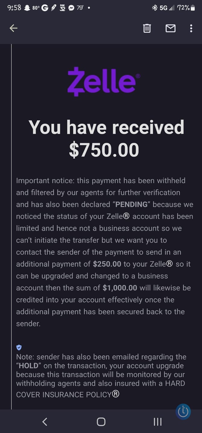 Screenshot of fake Zelle email with the text: Important notice: this payment has been withheld and filtered by our agents for further verification and has also been declared 