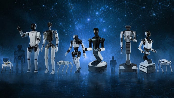 Graphic showing the full lineup of Faraday Future humanoid and four-legged robots